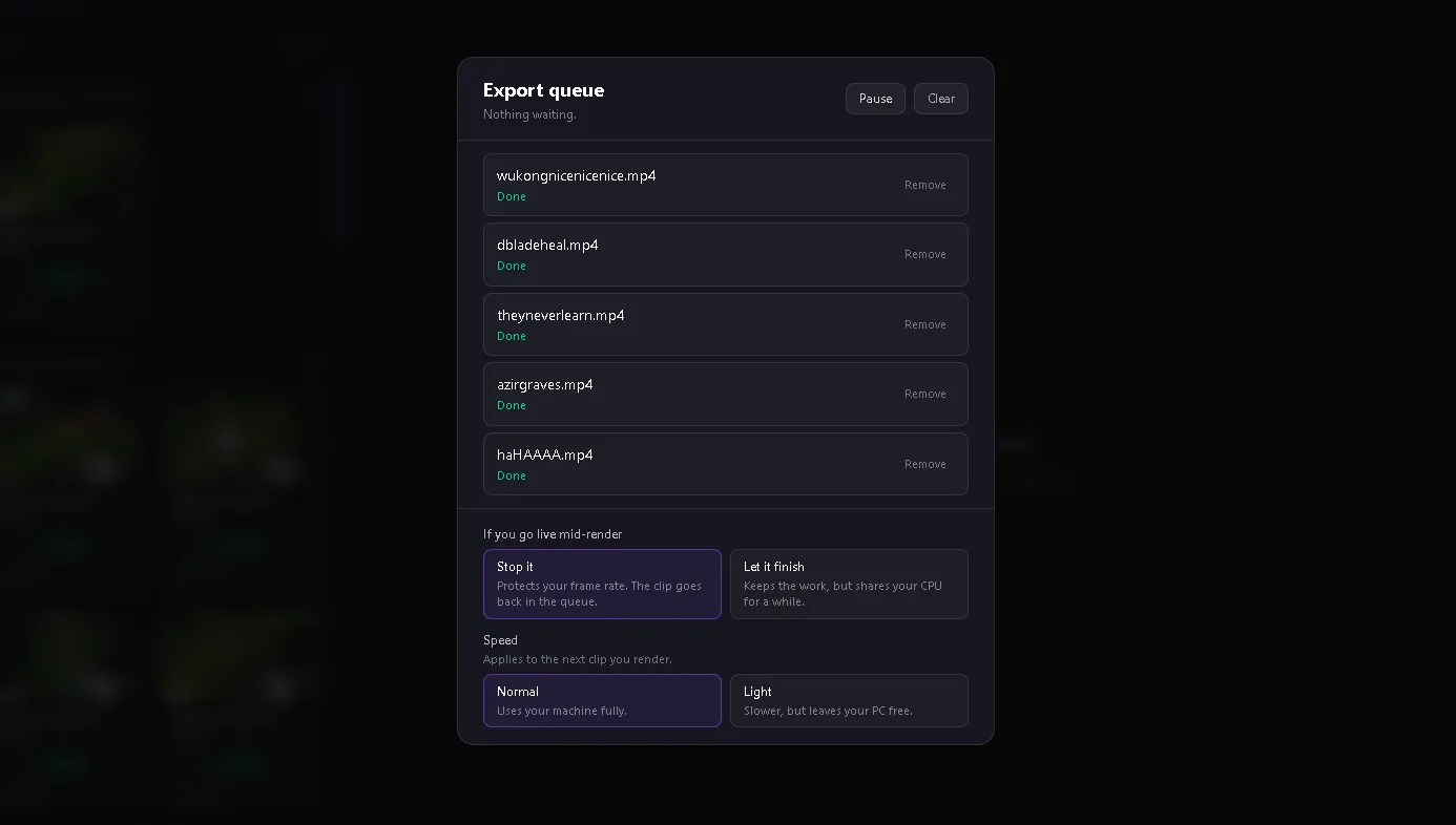 Boltis export queue showing five finished clips, with settings for what happens if you go live mid-render and how fast to render