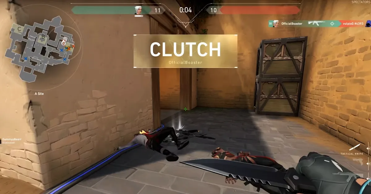 A Valorant clutch moment showing the payoff screen after a round-winning play