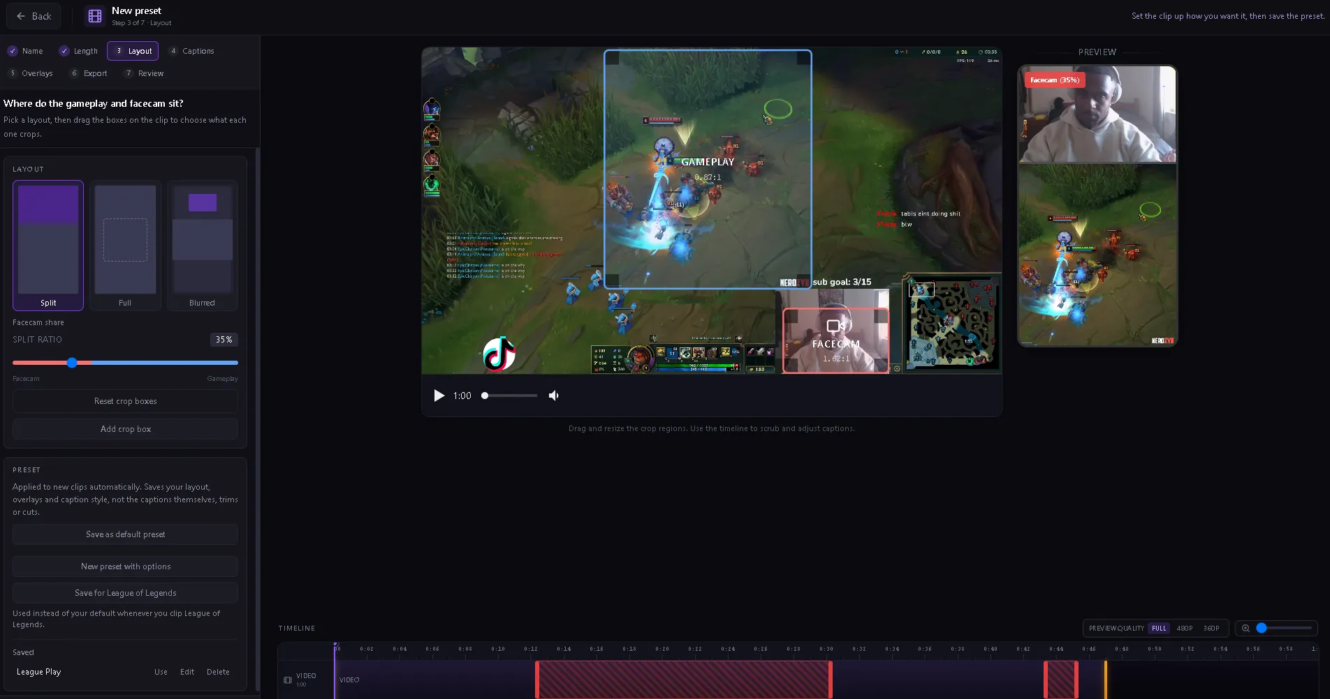 Boltis preset setup on the layout step, with split layout facecam and gameplay crop boxes on a League of Legends clip, a vertical preview, and a button to save the preset for League of Legends