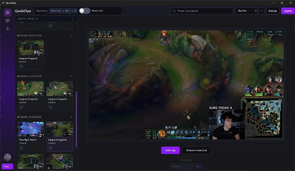 Boltis clips dashboard showing saved Twitch clips ready to edit