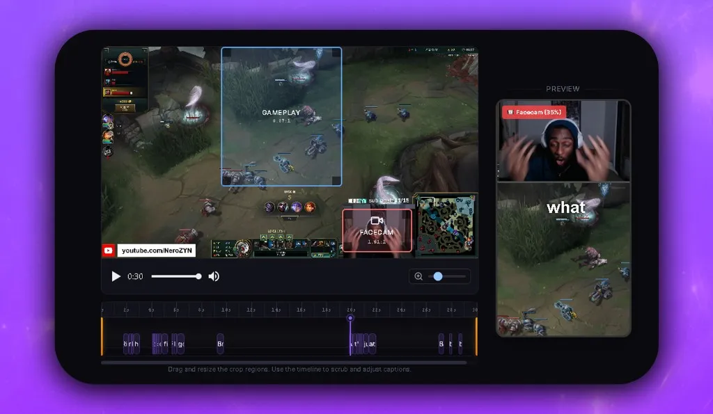 Boltis video editor showing gameplay and facecam crop regions with a 9:16 TikTok preview on the right