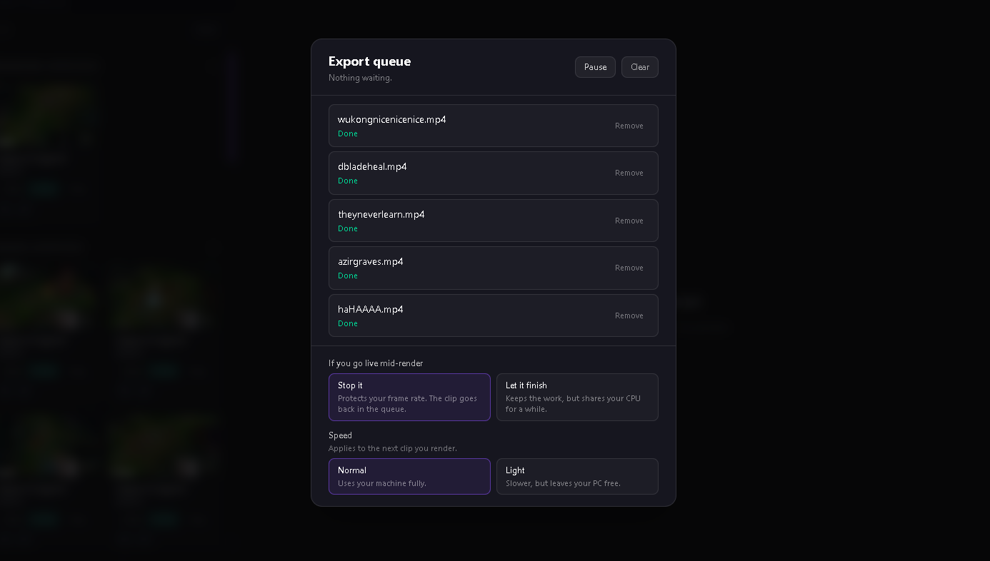 The Boltis export queue with five finished clips, and settings for stopping renders when you go live and for render speed