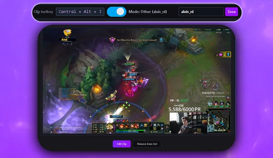 Boltis hotkey settings showing the clip hotkey set to Control + Alt + J above a captured League of Legends clip
